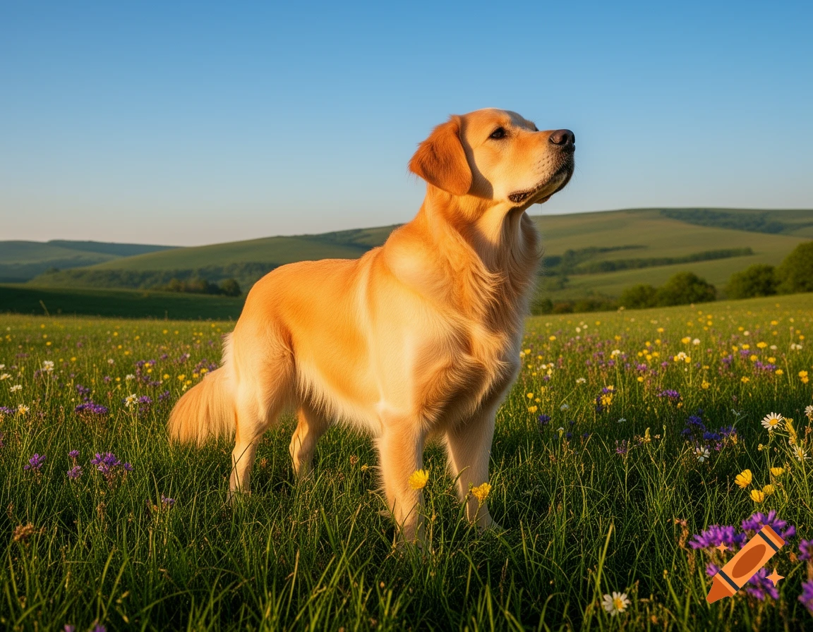 A golden retriever stands in a sunny field of green grass and colorful ...