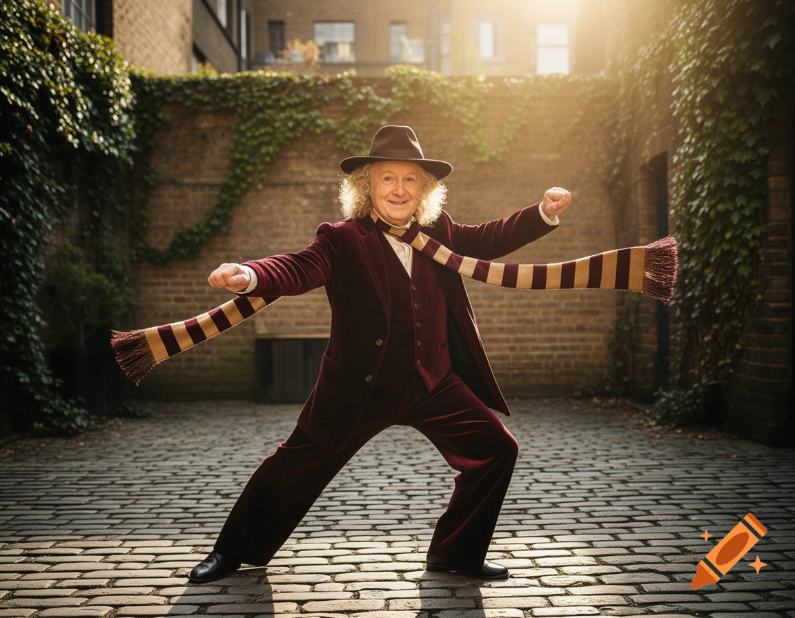 Tom Baker as Doctor Who, in a maroon suit and striped scarf, striking a dynamic pose in a cobblestone alley.