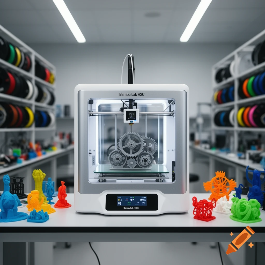 A white 3D printer with internal gears and a digital display sits on a table surrounded by colorful printed objects, in a bright laboratory with shelves of filament spools.