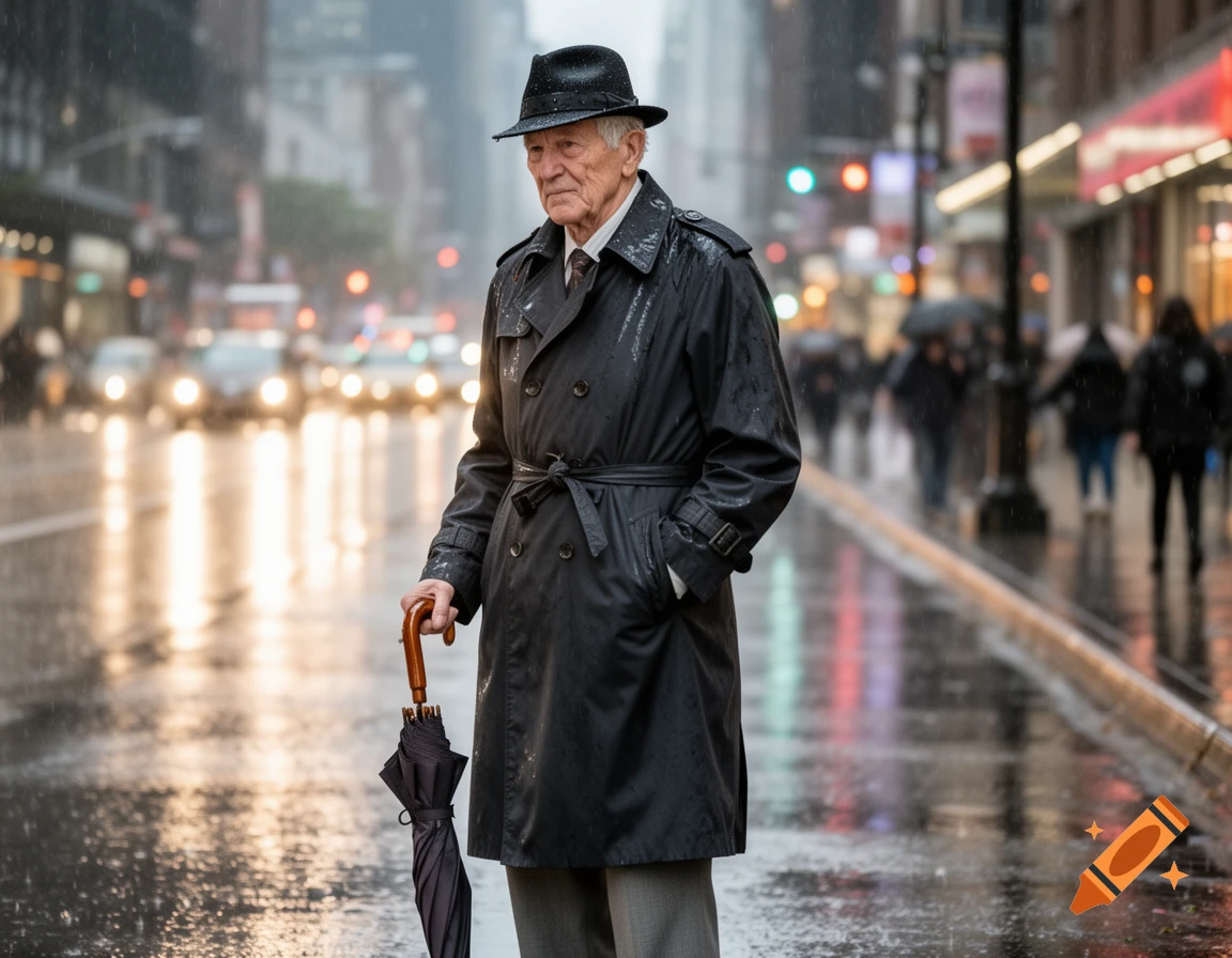 An old man in a black raincoat and hat holds a closed umbrella, standing on a wet city street in the rain.