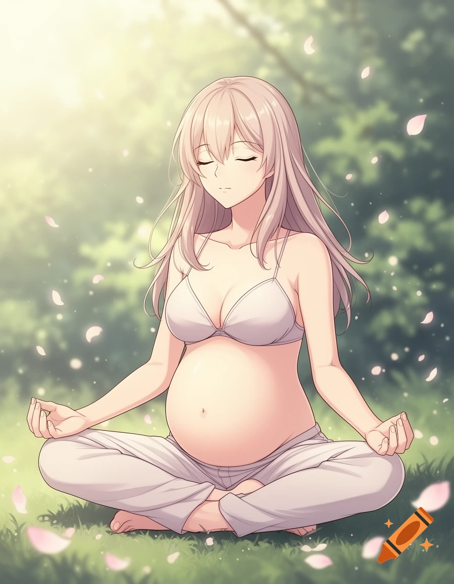 Anime-style pregnant woman meditating outdoors, sitting cross-legged in a bra and pants amidst falling pink petals.