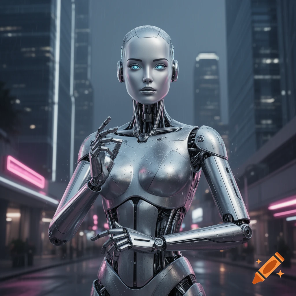 A photorealistic image of a silver, female-presenting robot standing on a rainy futuristic city street with neon lights.