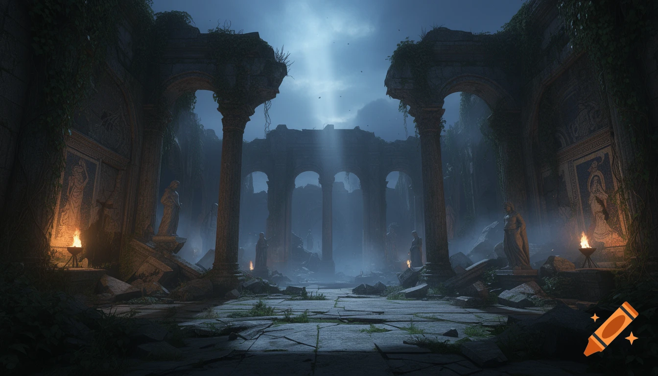 Concept art of a misty, overgrown ancient temple ruin with towering columns, arches, statues, and flickering torchlight.