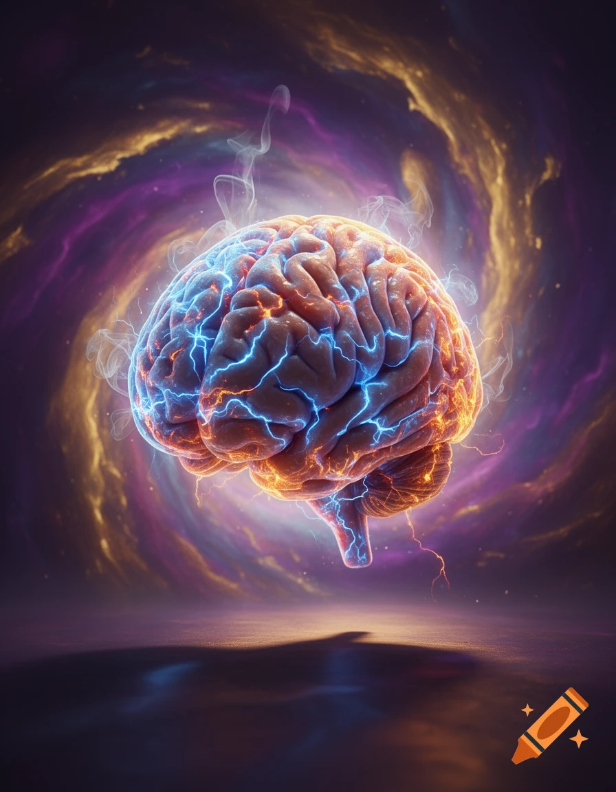 A glowing human brain with blue and orange electrical currents, suspended in a swirling purple and gold cosmic vortex.