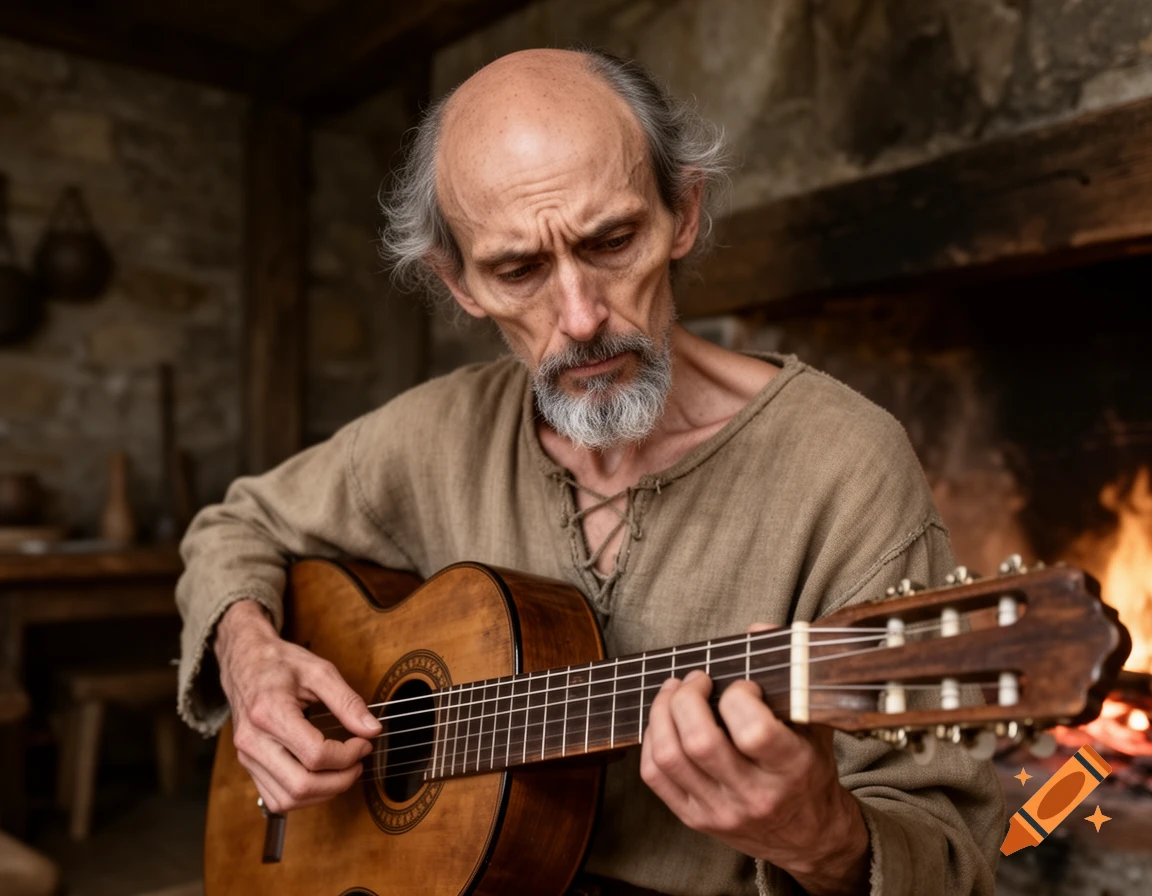 A gaunt, bald man with a gray beard plays classical guitar in a rustic room with a fireplace.