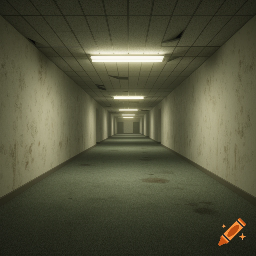 A long, dimly lit, narrow hallway with dirty yellow walls, green carpet, and rows of fluorescent lights on the ceiling, receding into the distance.