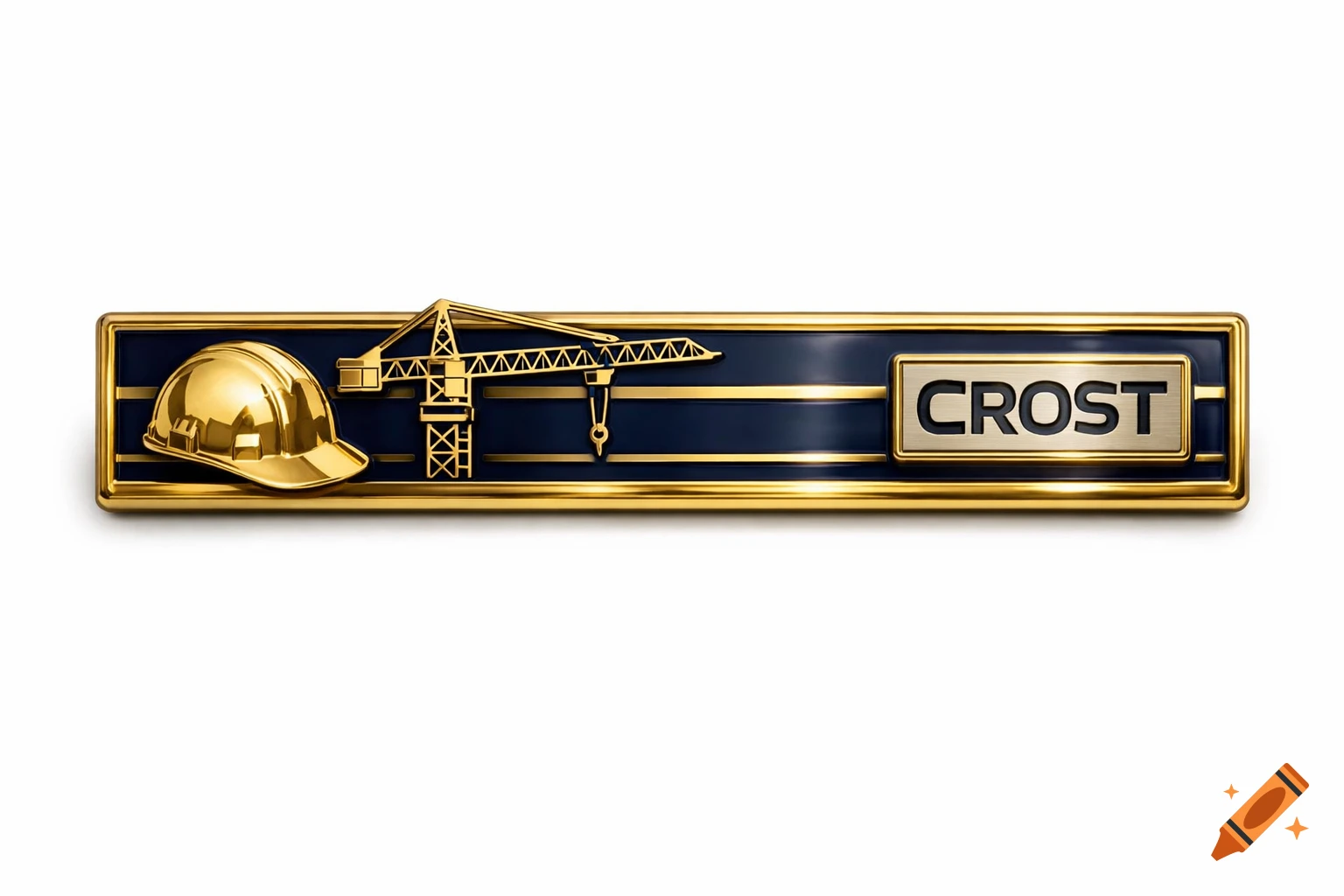 A glossy gold and dark blue horizontal pin badge featuring a construction helmet, a crane silhouette, and the word 'CROST' on a plate.