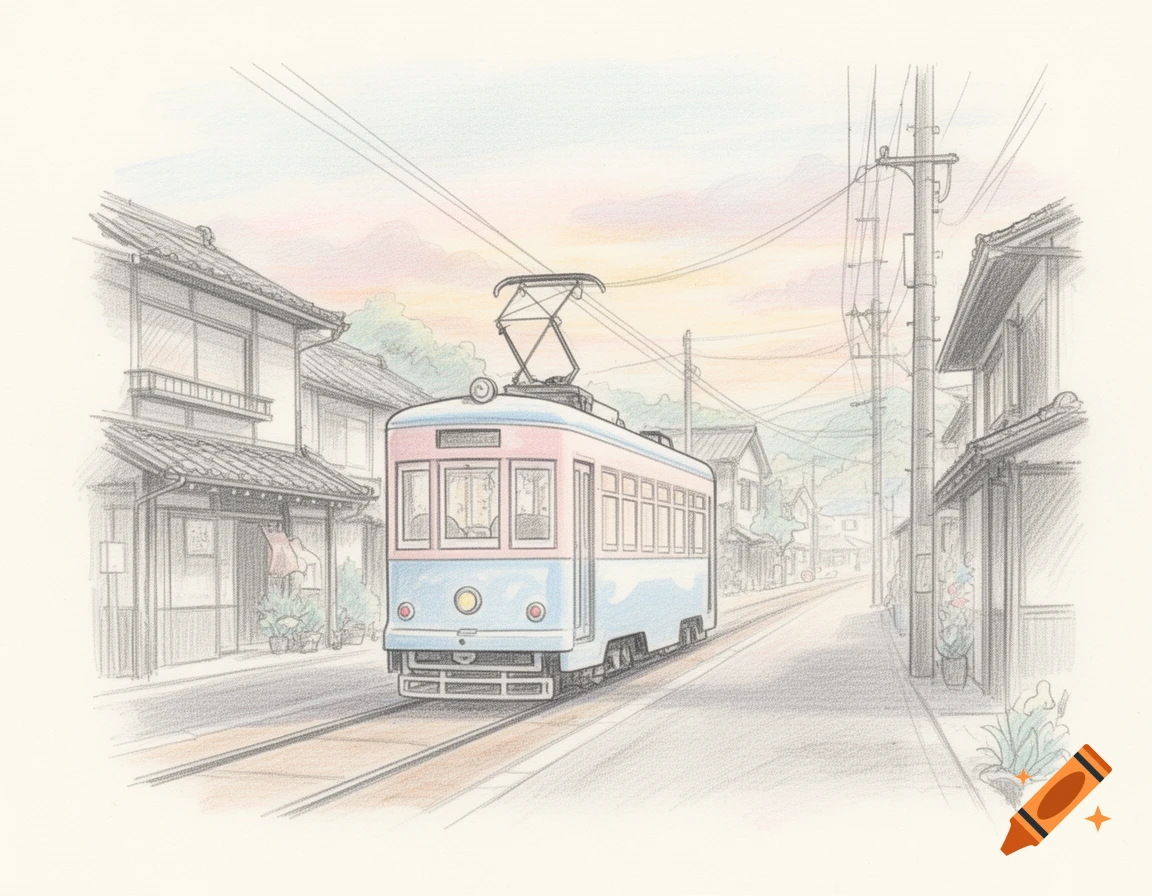 A pastel crayon drawing depicts a blue and pink tram on tracks in a rural Japanese town street.