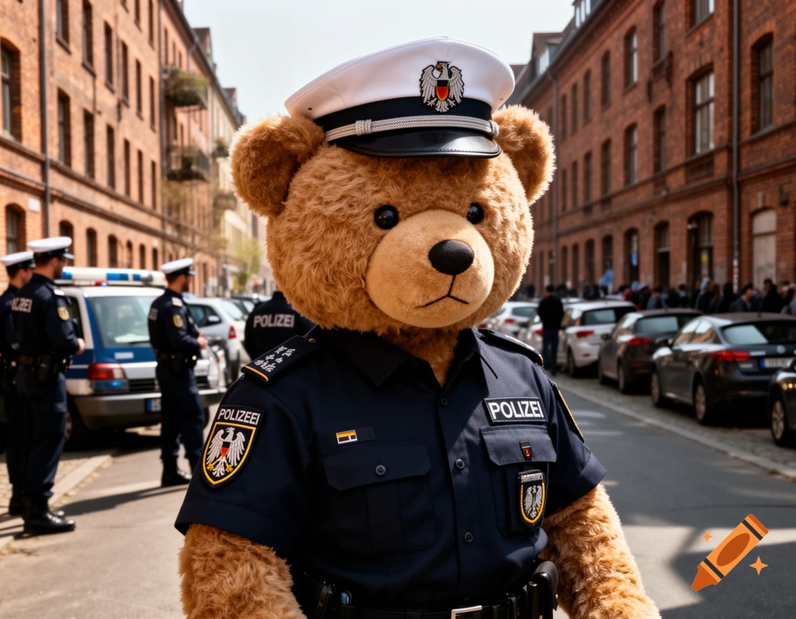 Photorealistic image of a large teddy bear dressed as a German police officer standing on a city street with other officers and cars.