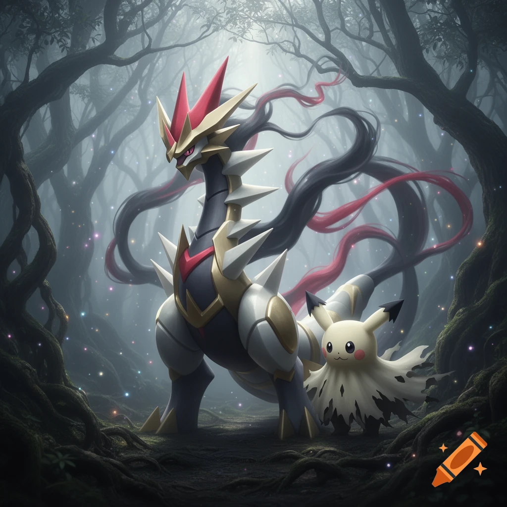 Giratina and Mimikyu stand together in a mystical, misty forest with ...
