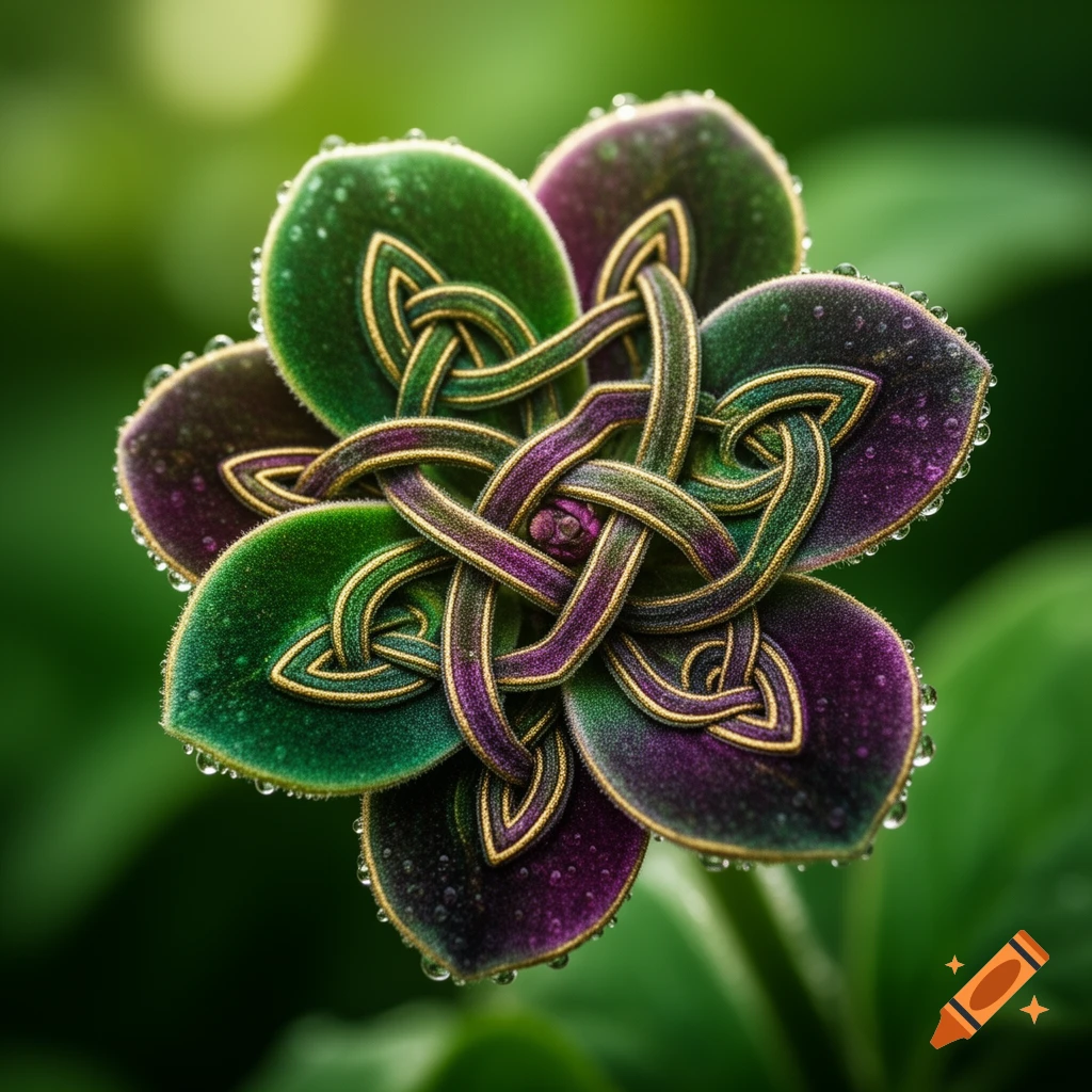 Close-up of a vibrant green and purple Celtic knot flower adorned with water droplets, against a soft green background.