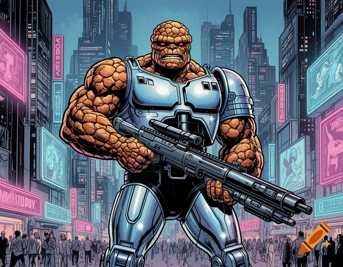 The Thing, in Robocop armor, stands with a large gun in a futuristic city, rendered in a classic comic book style.