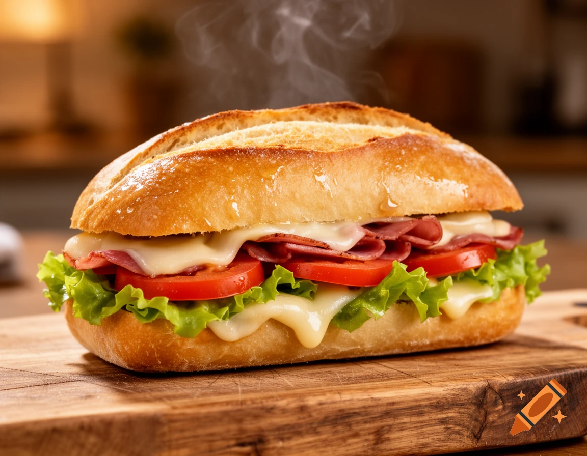 A steaming hot panini sandwich filled with melted cheese, deli meat, fresh tomatoes, and green lettuce on a wooden cutting board.