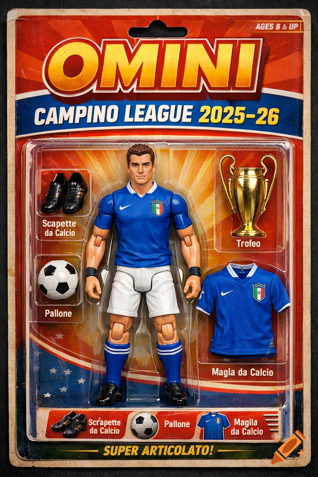 A realistic OMINI soccer action figure of a player in an Italian national team kit, sealed in its vintage-style packaging with accessories.