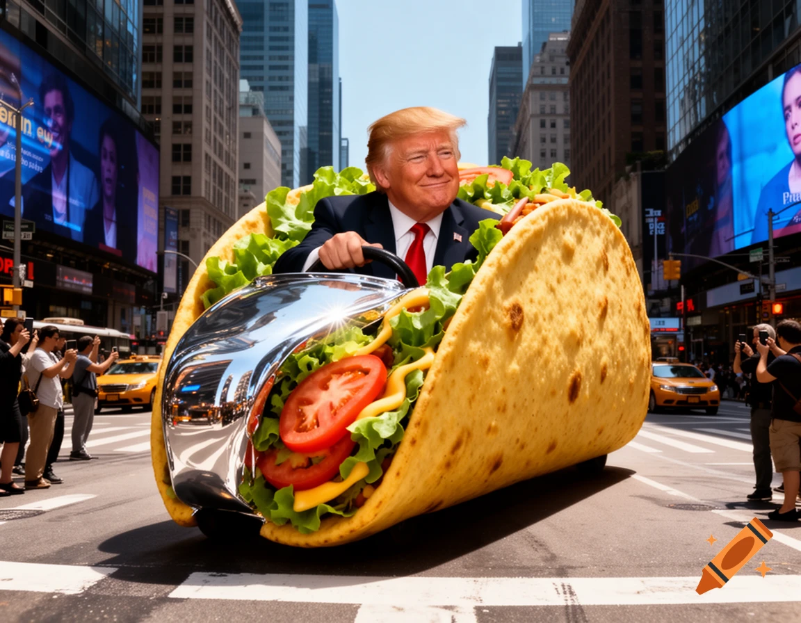 Donald Trump smiles while driving a giant taco-shaped car down a busy city street, surrounded by tall buildings and people taking photos.