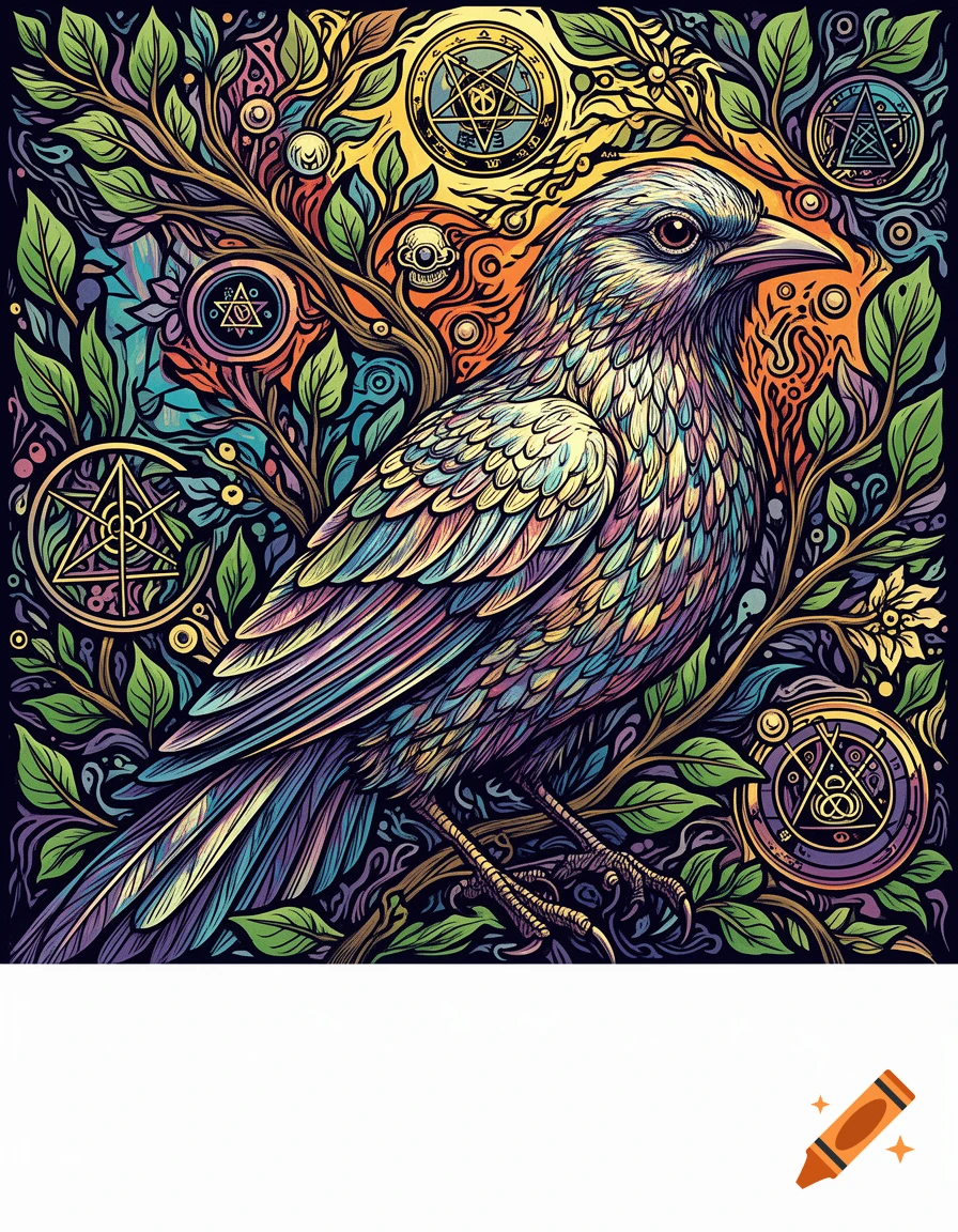 A vibrant, stylized linocut illustration of a colorful bird amidst intertwined leaves and branches, adorned with various alchemical and occult symbols.