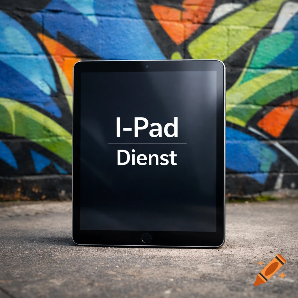 A modern iPad with "I-Pad Dienst" on its screen stands on concrete in front of a vibrant graffiti wall, photorealistic style.