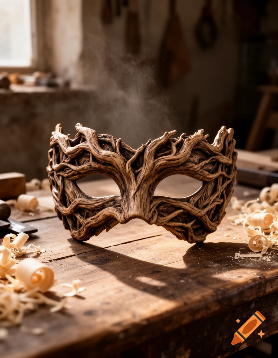 A detailed half-mask made of intertwined tree roots sits on a dusty wooden workbench with wood shavings, light streaming from a window.