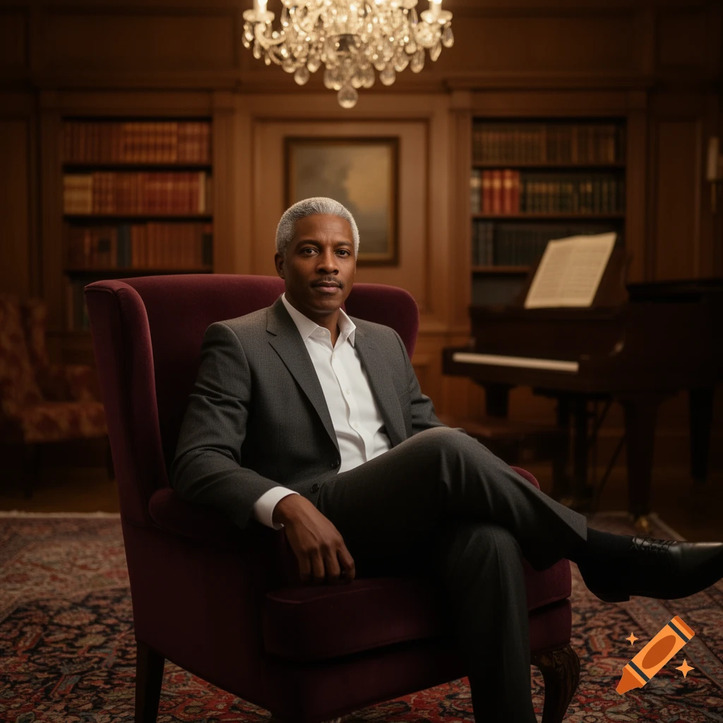 A distinguished man with salt-and-pepper hair, wearing a suit, sits in a burgundy armchair in a lavish room with bookshelves and a piano.
