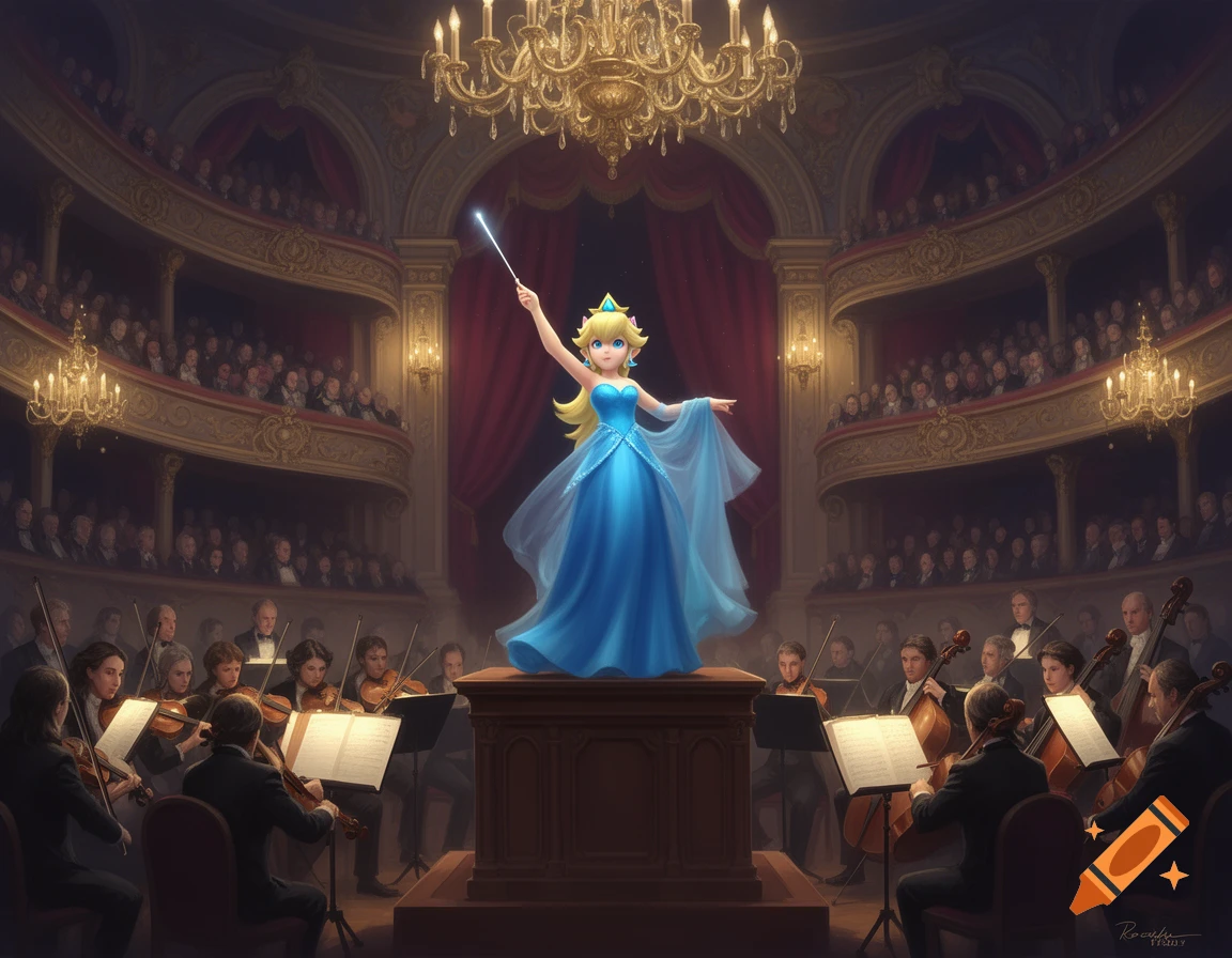 Princess Peach-like character in a blue gown conducts a symphony orchestra in a grand, ornate concert hall.