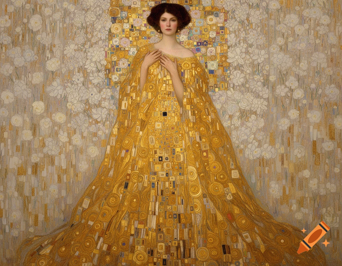 A woman in a golden, patterned gown against a decorative, gold and white background, in the style of Gustav Klimt.
