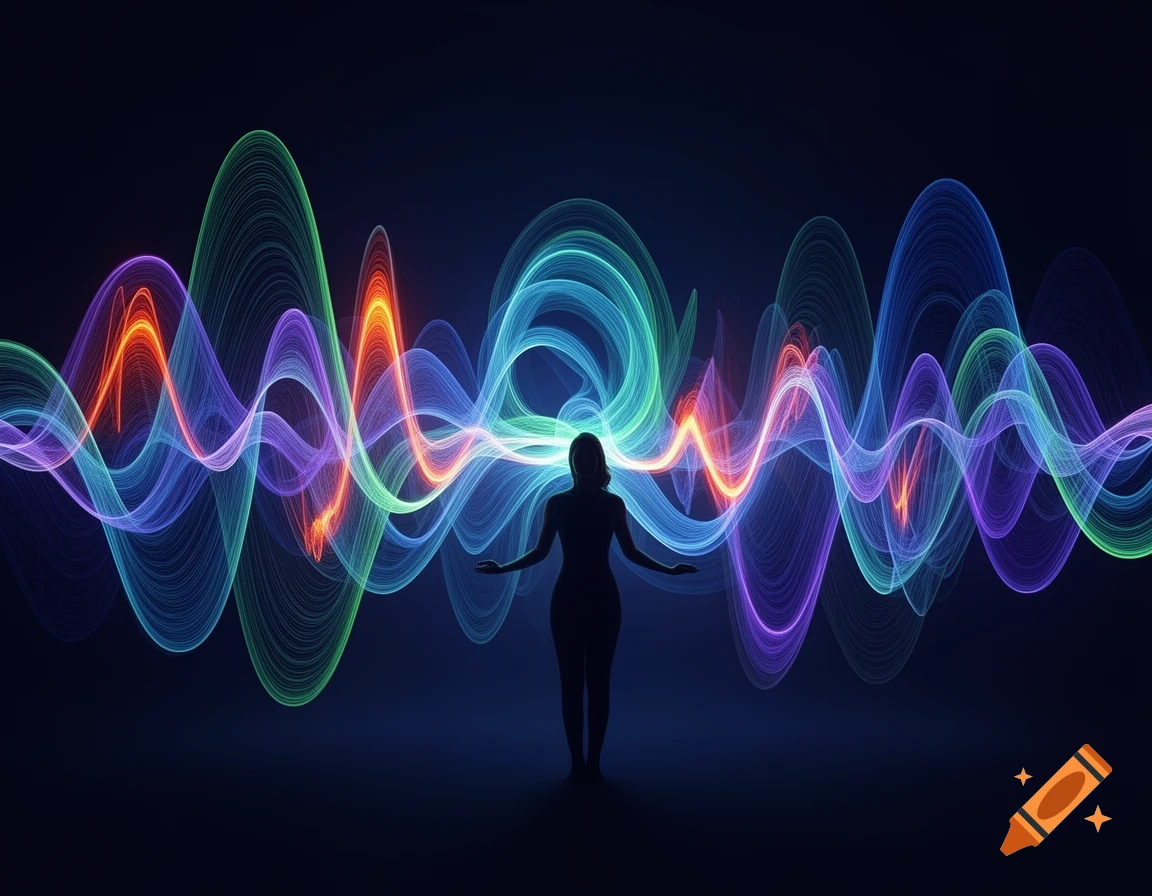A silhouette stands within vibrant, flowing sound waves of blue, purple, green, and orange light against a dark background.