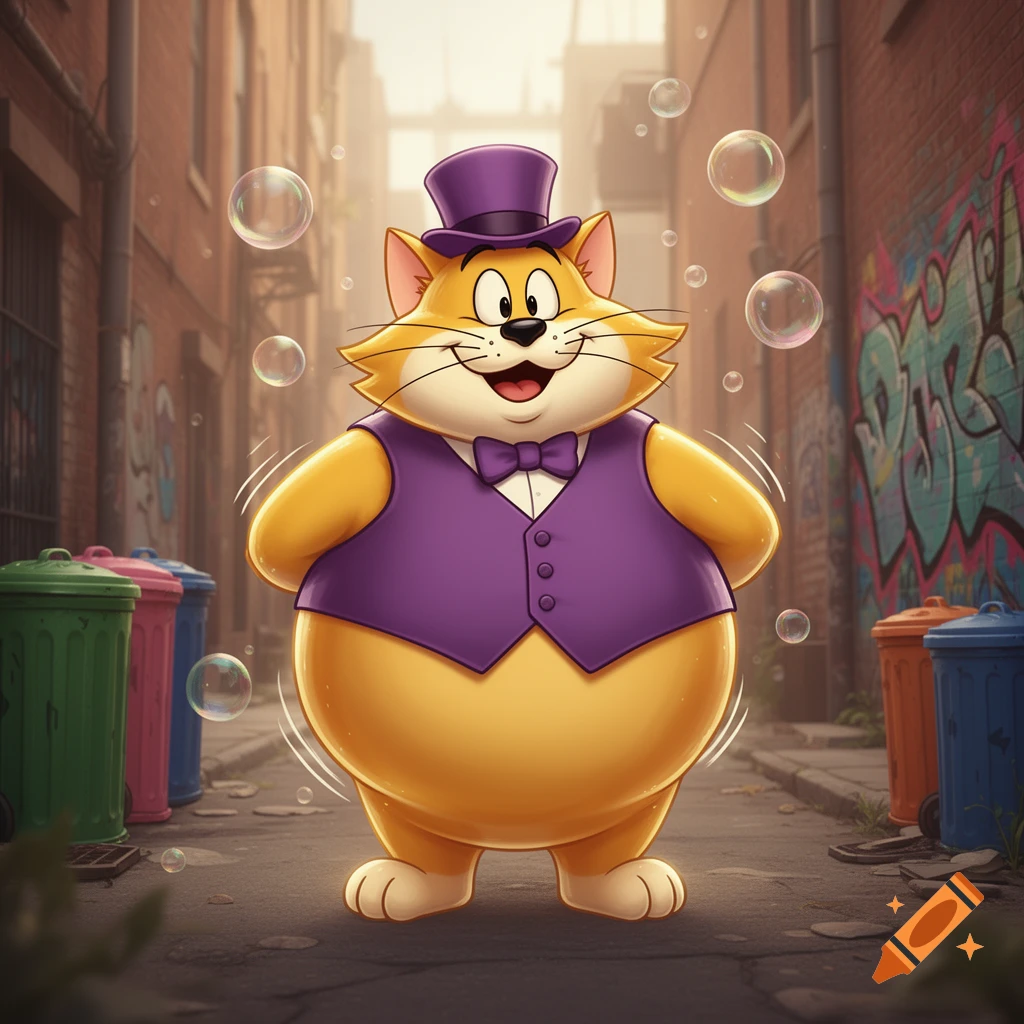 A plump cartoon cat in a purple vest and top hat stands in an urban alley with graffiti and trash cans, surrounded by bubbles.