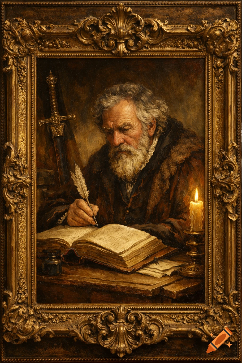 Ornate framed painting of a bearded old man writing in a book with a quill, lit by a candle, a sword behind him.