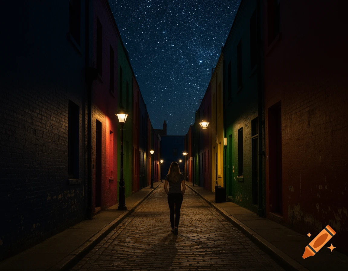 A woman walks down a dark, cobblestone alley lined with colorful buildings under a clear, starry night sky, illuminated by warm streetlights.