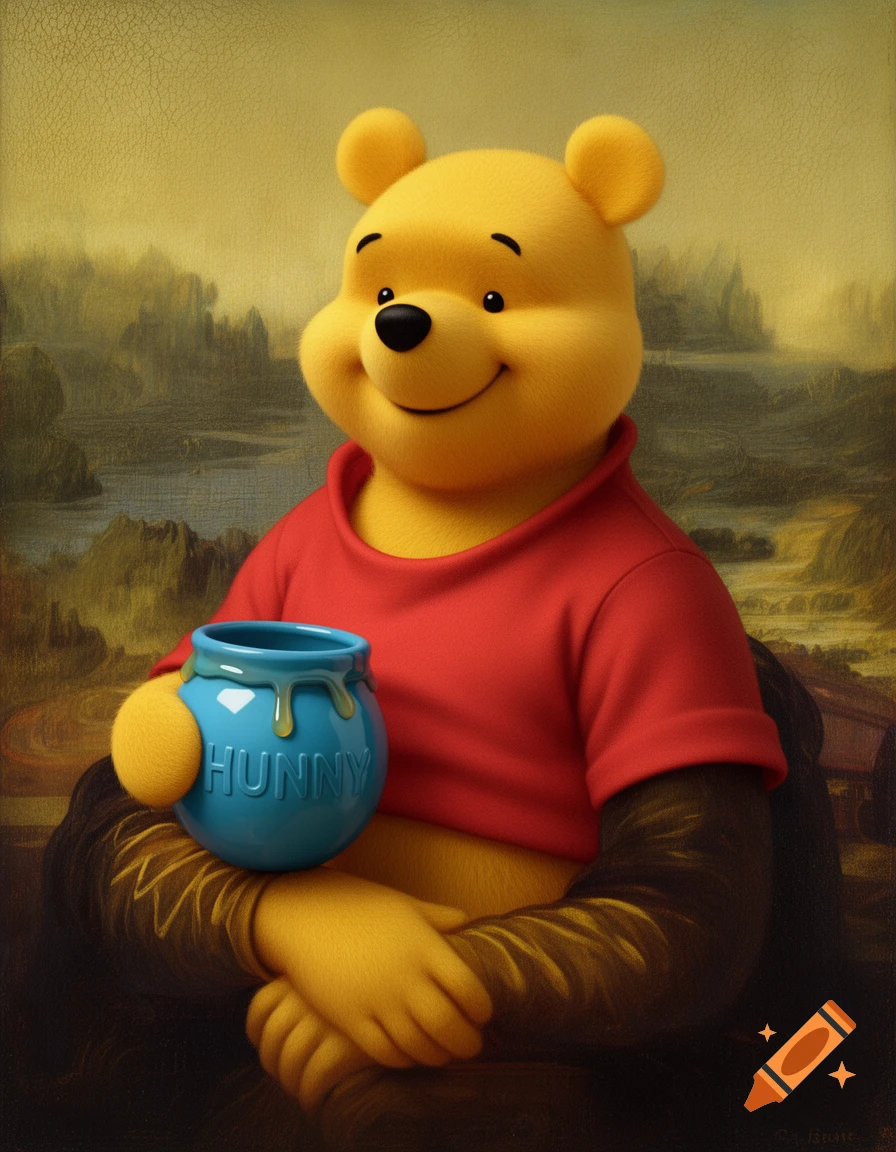 Winnie the Pooh smiling, dressed as the Mona Lisa, holding a blue pot labeled 'HUNNY' with honey dripping from it, against a classical landscape background.
