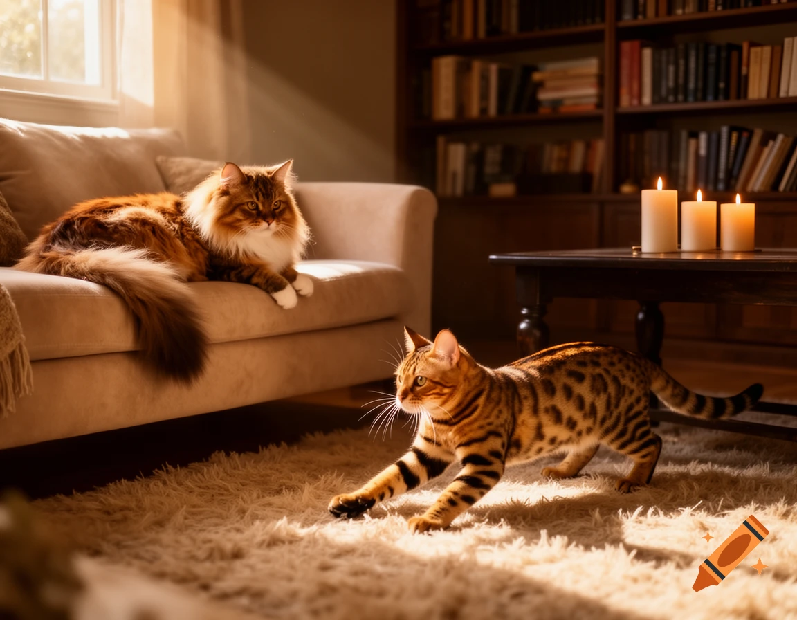 Two photorealistic cats in a sunlit living room; one fluffy cat on a sofa, another striped cat on the rug.