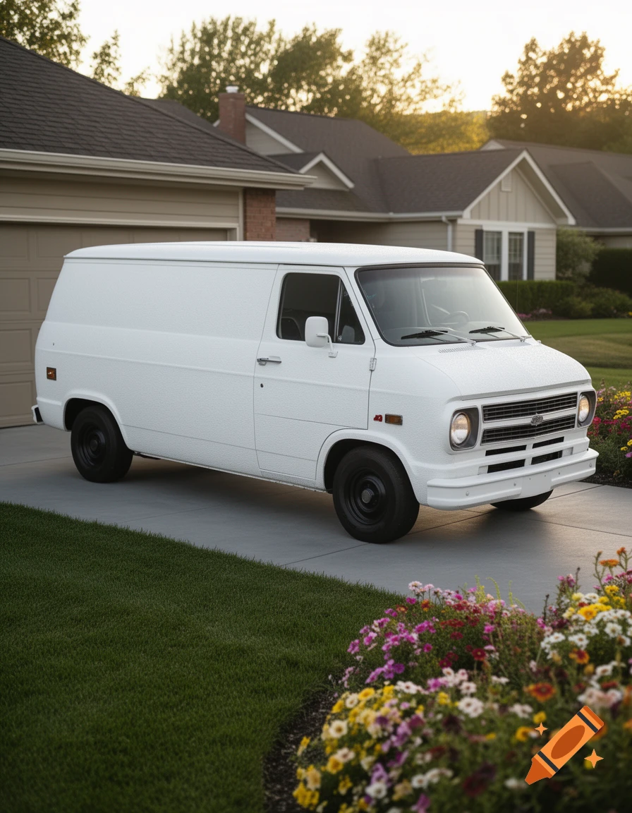 A white cargo van with a textured body is parked on a driveway in front of a suburban house with a garden.