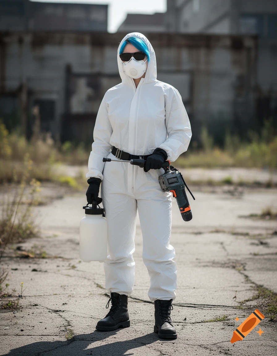 Woman with blue hair in a white hazmat suit, mask, and sunglasses, holding a sprayer and a drill, standing in an industrial setting.
