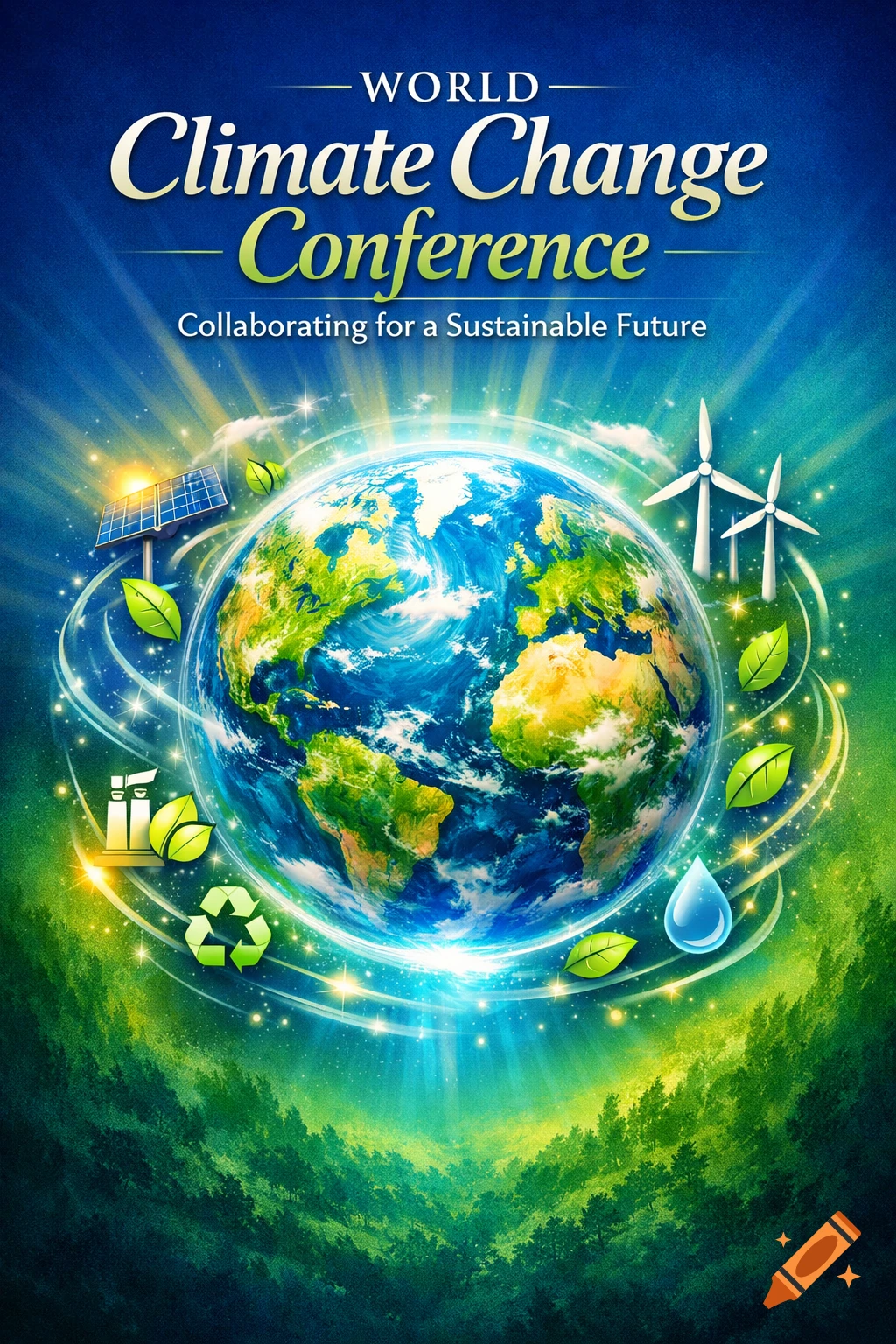 Vibrant poster for the World Climate Change Conference featuring Earth, solar panels, wind turbines, and eco-symbols over a green forest.