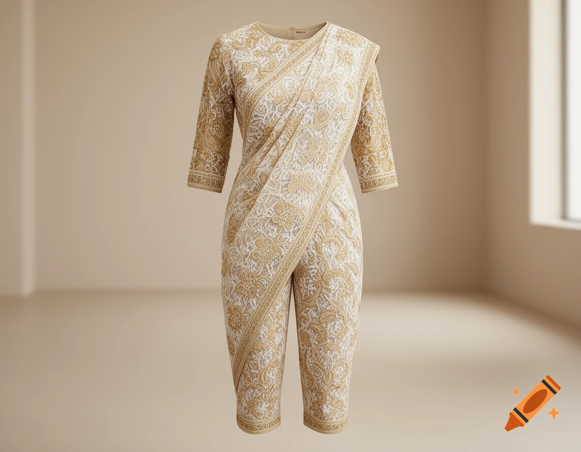 Gold and white patterned sari-blouse and capri pants ensemble, elegantly draped, in a minimal room.