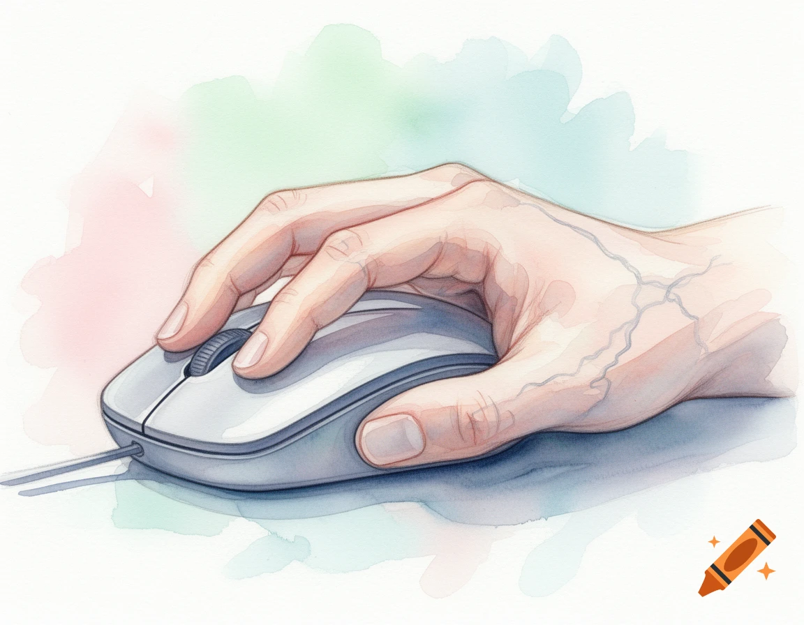 A close-up watercolor illustration of a hand resting on a gray computer mouse.
