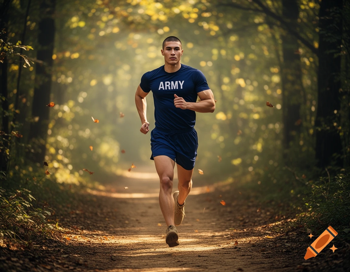 A muscular man in a dark blue 'ARMY' t-shirt and shorts runs down a sun-dappled forest path with falling leaves.