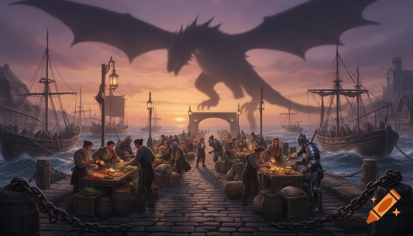 A bustling fantasy harbor at sunset with merchants and boats, under the ominous silhouette of a giant dragon in the sky.