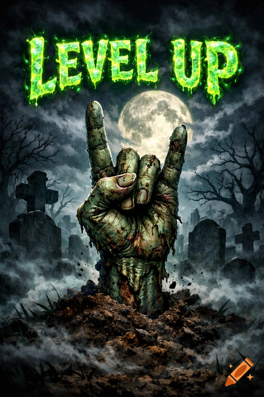 A zombie hand making a rock gesture emerges from a grave with glowing "LEVEL UP" text and a full moon in a dark graveyard.