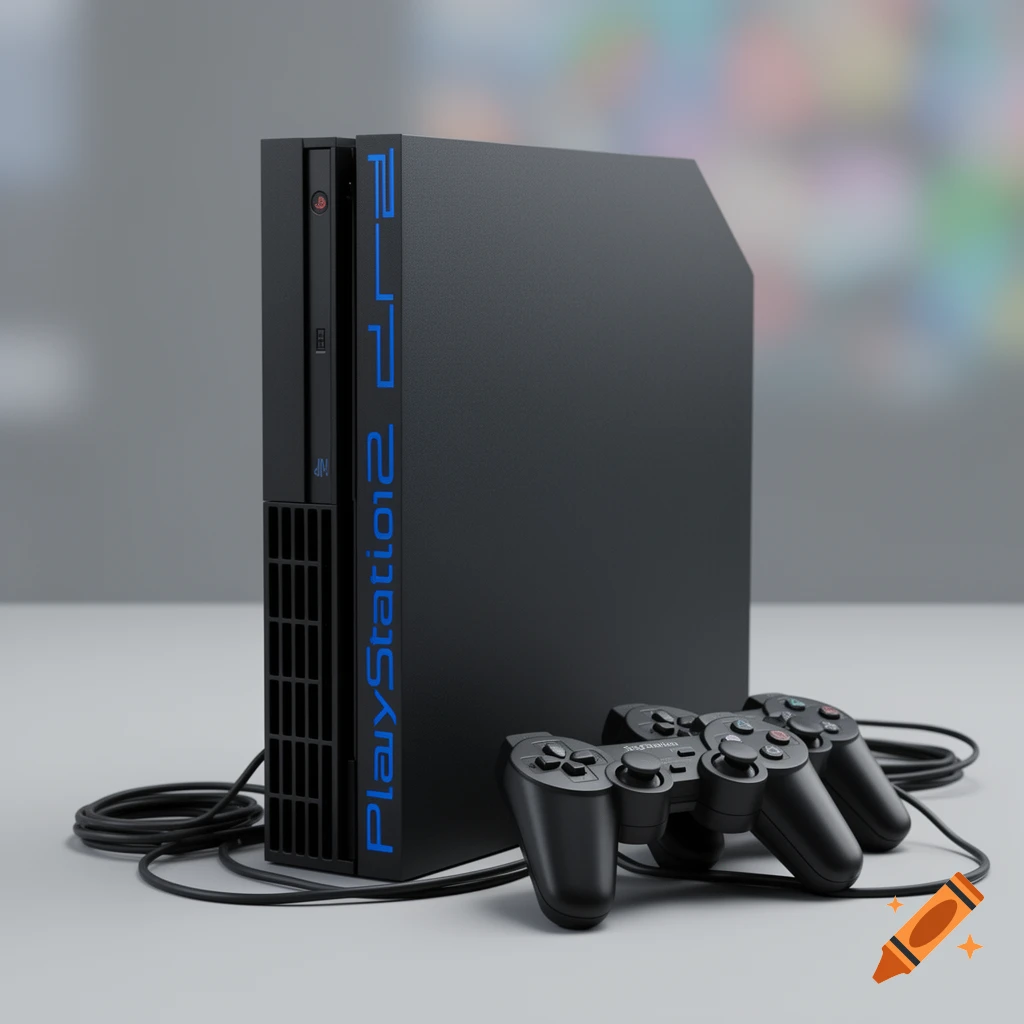 A photorealistic rendering of a black PlayStation 2 console standing vertically next to two black controllers on a light grey surface.