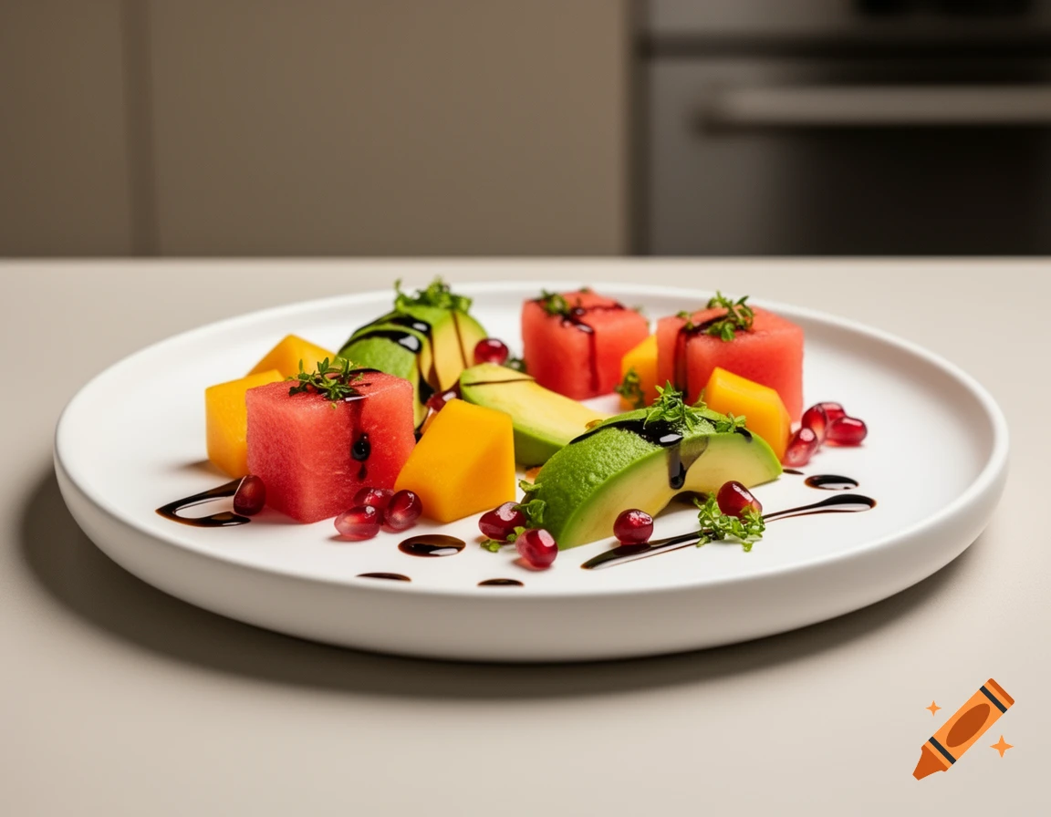 A white plate with a colorful, artfully arranged fruit salad of cubed watermelon, mango, and avocado, garnished with pomegranate and balsamic glaze.