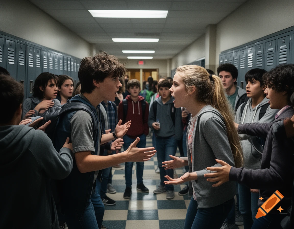 Two teenagers argue in a crowded school hallway as other students watch, photorealistic.