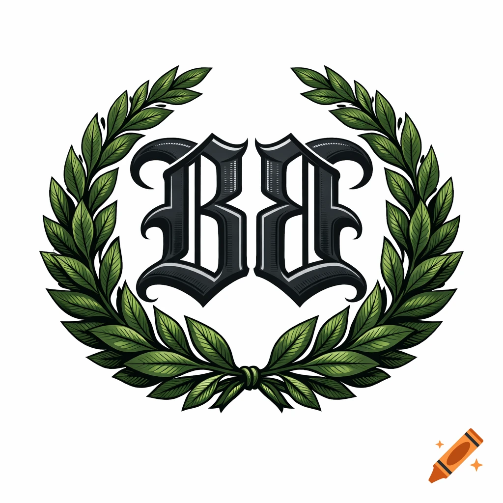 A logo featuring two ornate black Old English 'B' letters encircled by a green laurel wreath illustration.
