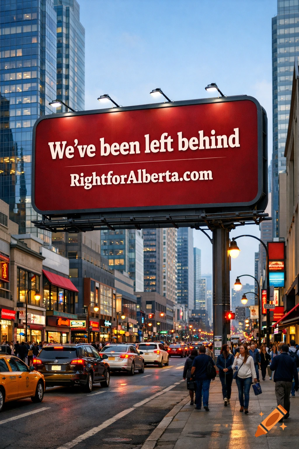 A large red billboard on a busy city street reads "We've been left behind RightforAlberta.com", with cars and pedestrians below.
