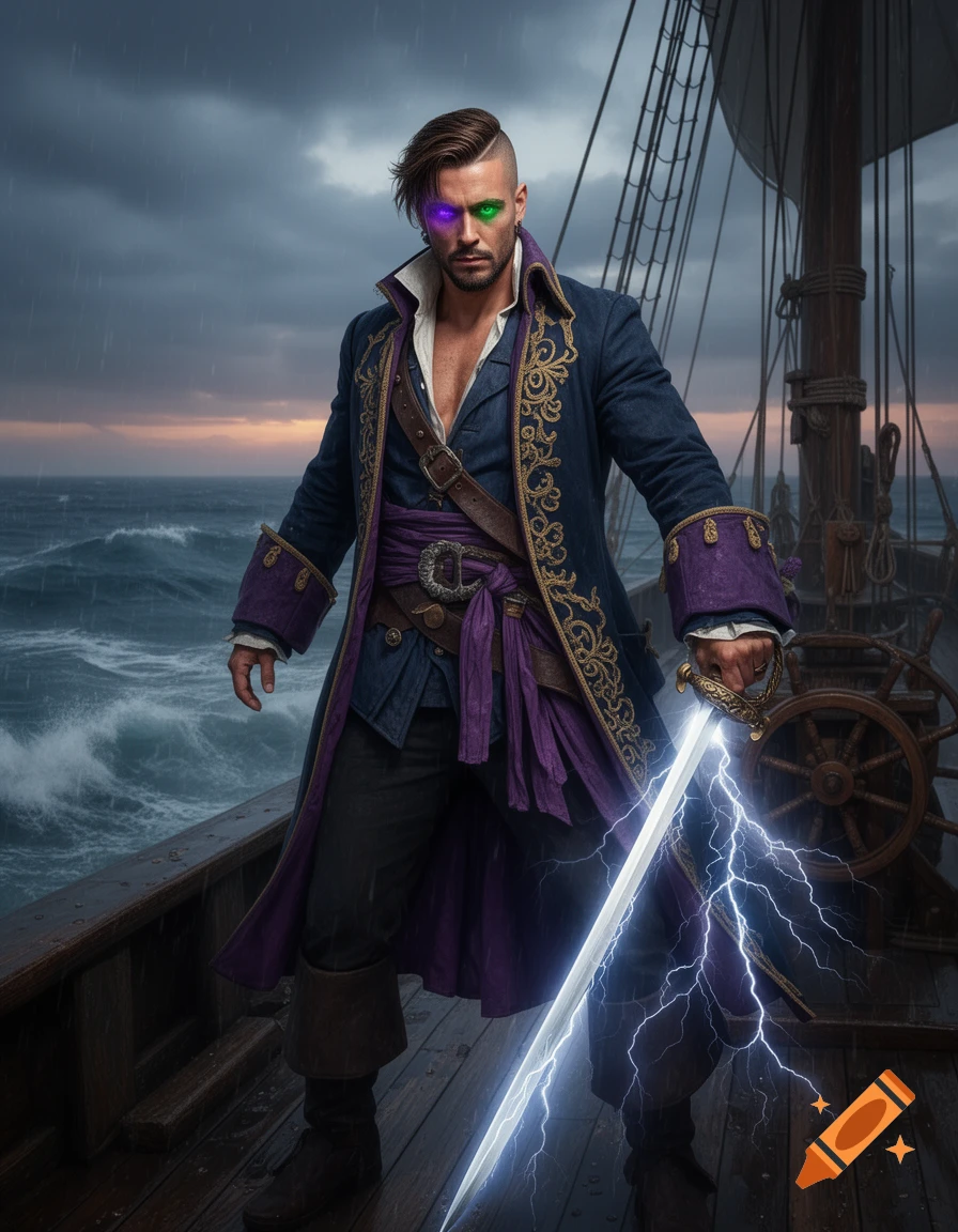 A photorealistic noble pirate swordsman with glowing green and purple eyes stands on a stormy ship deck, holding a lightning-sheathed sword.