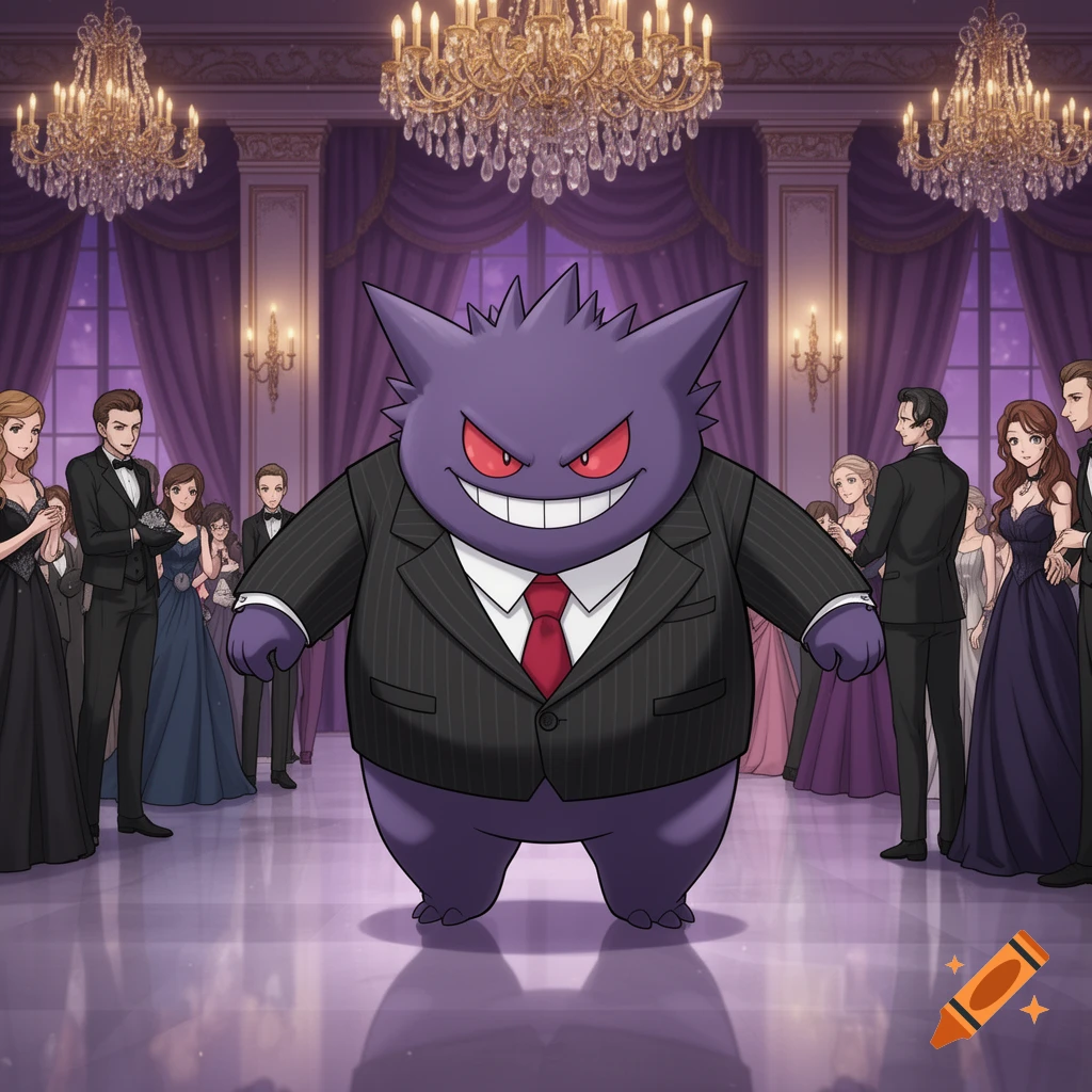 Gengar in a pinstripe suit and red tie stands prominently in a lavish ballroom filled with elegantly dressed people, in an anime style.