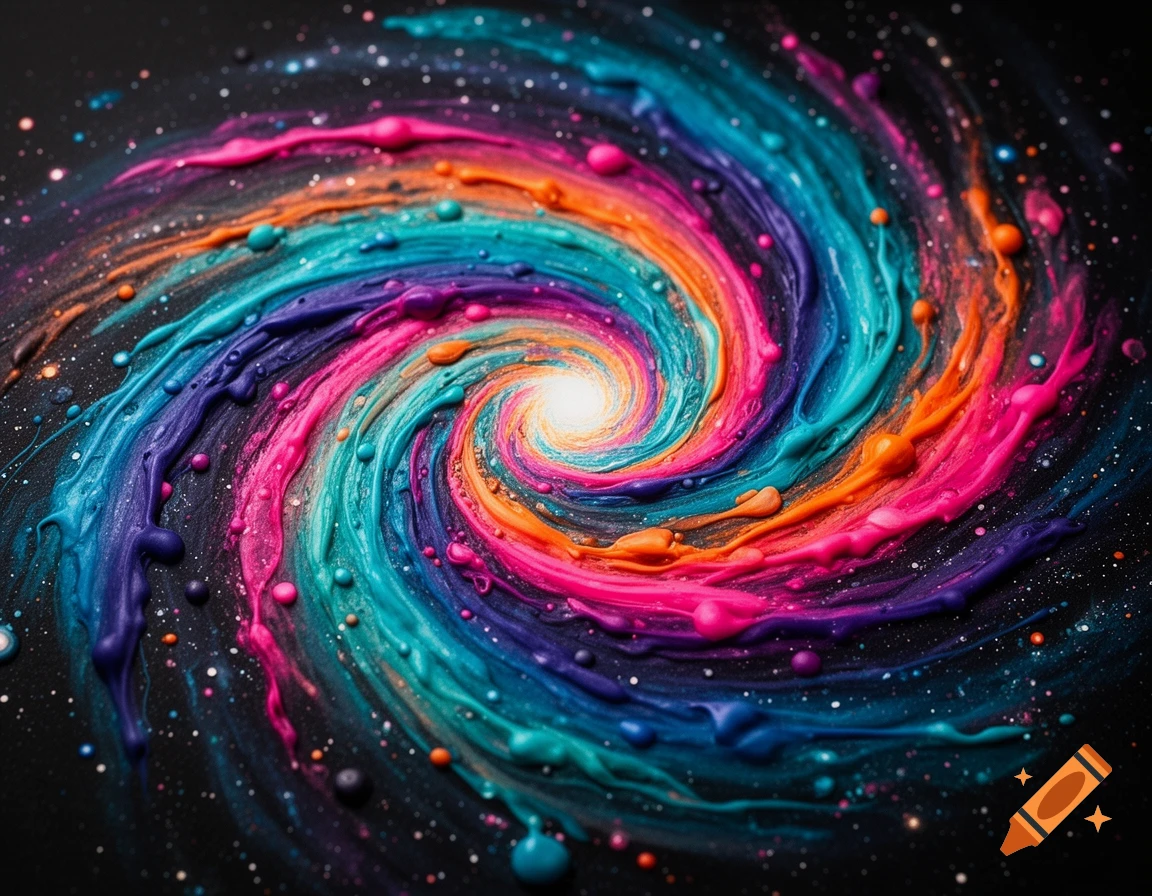 A vibrant spiral galaxy made of thick, colorful melted paint or crayon swirls on a dark, starry background.