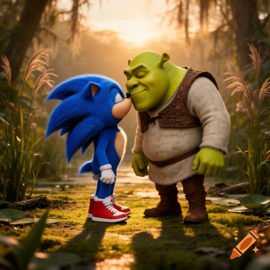 Photorealistic Sonic and Shrek nose-to-nose in a sunlit forest.