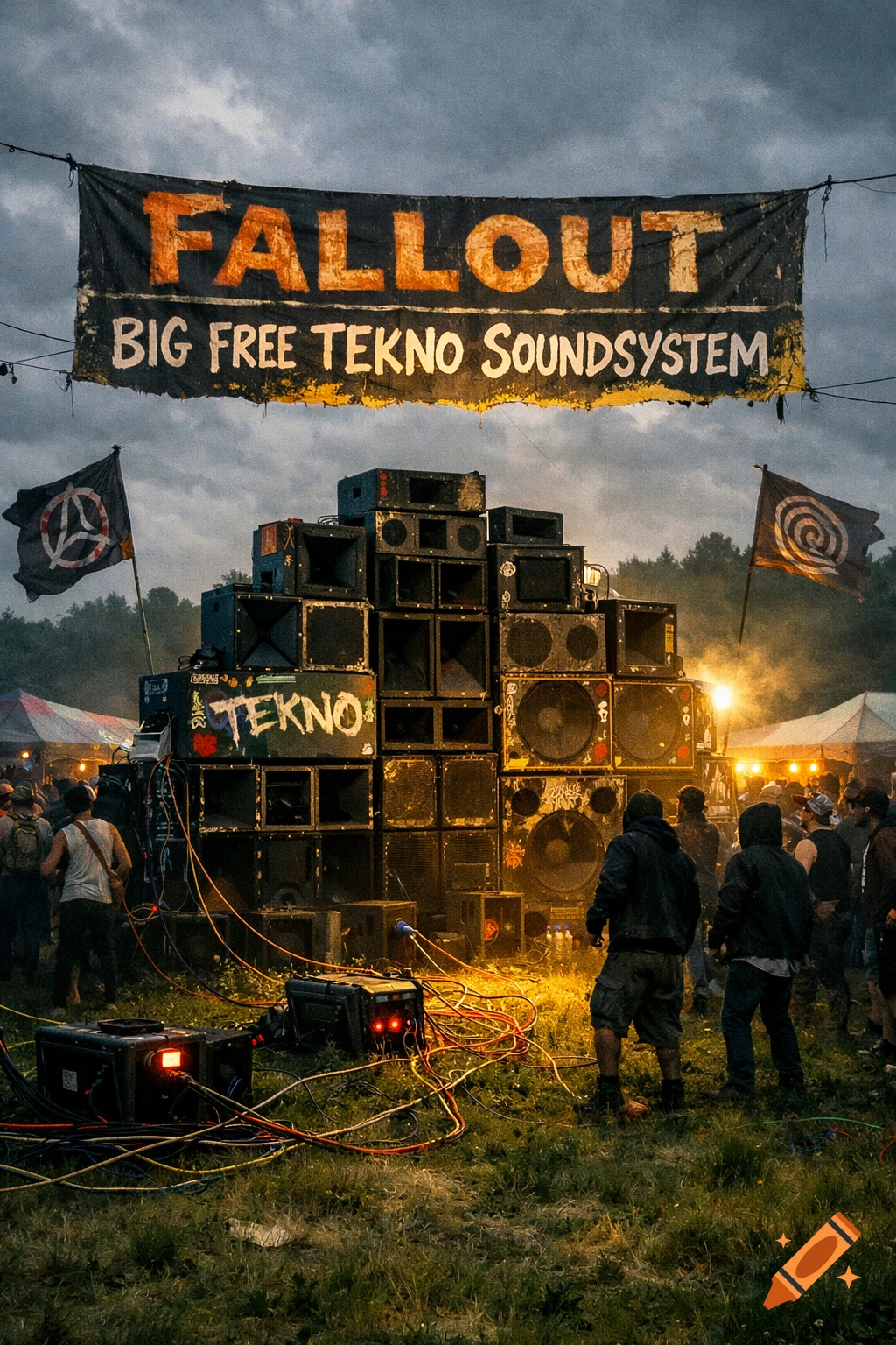 Outdoor night shot of a large sound system at a music festival with people. A banner reads 'FALLOUT BIG FREE TEKNO SOUNDSYSTEM'.