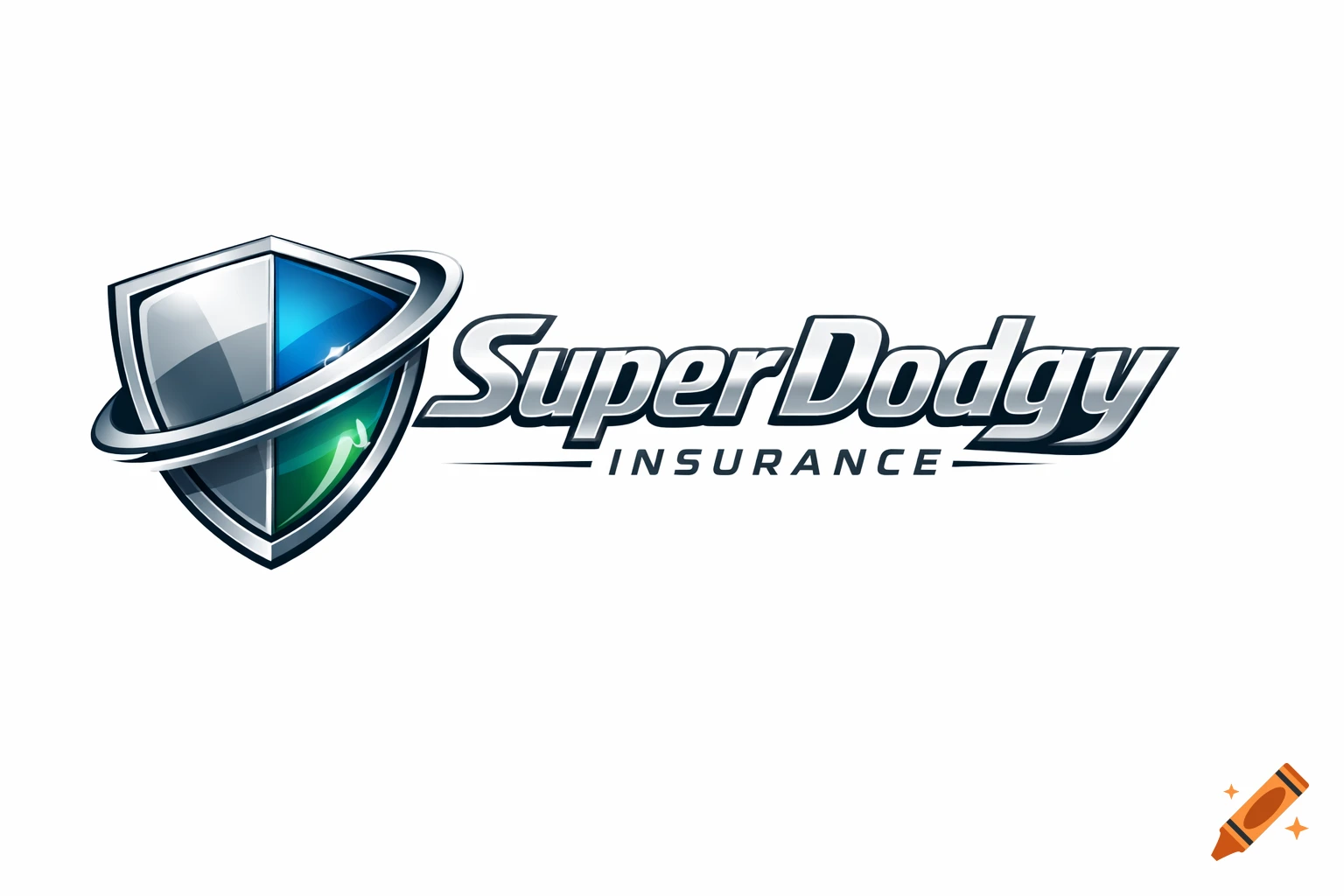 A logo featuring a metallic shield, half blue and half green, with a ring, and the text 'SuperDodgy INSURANCE'.